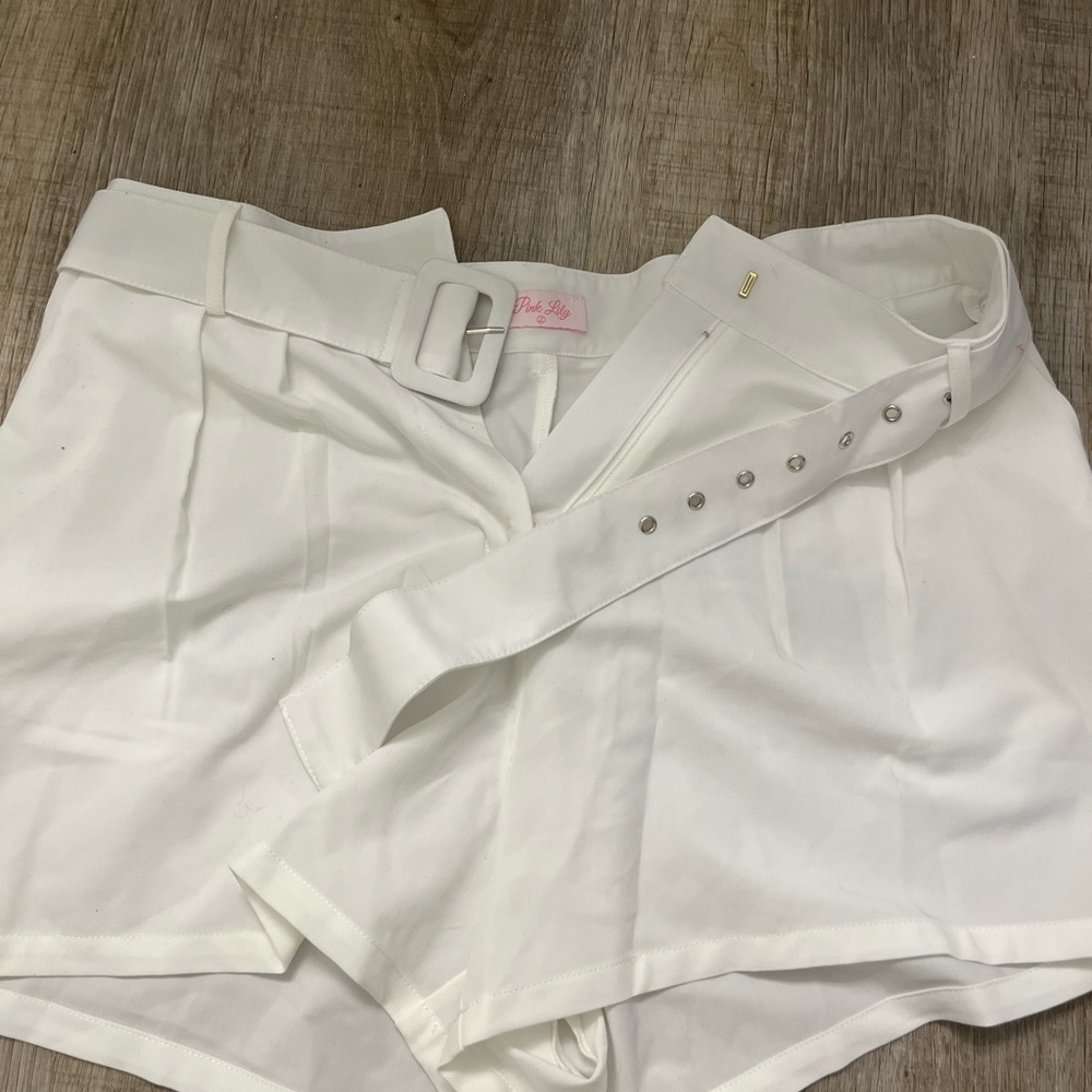 Pink Lily High Waist White Shorts with Belt